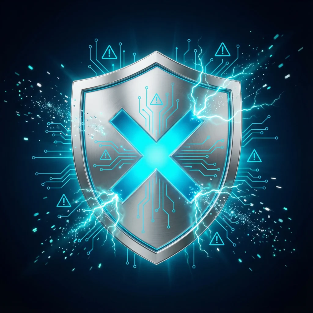 Silver chrome shield with cyan X mark and electric warning signals representing cloud proxy detection and filtering by AI platforms
